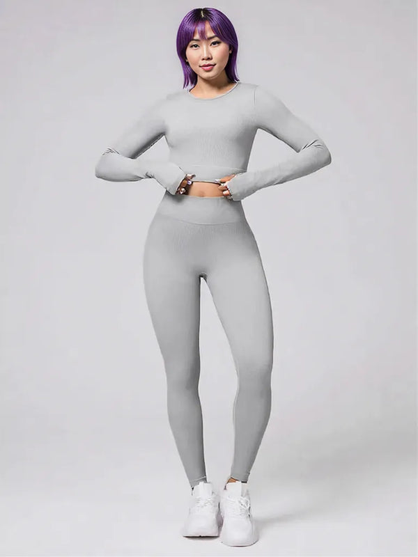 Back Crisscross Round Neck Long Sleeve Top and Leggings Active Set Light Gray