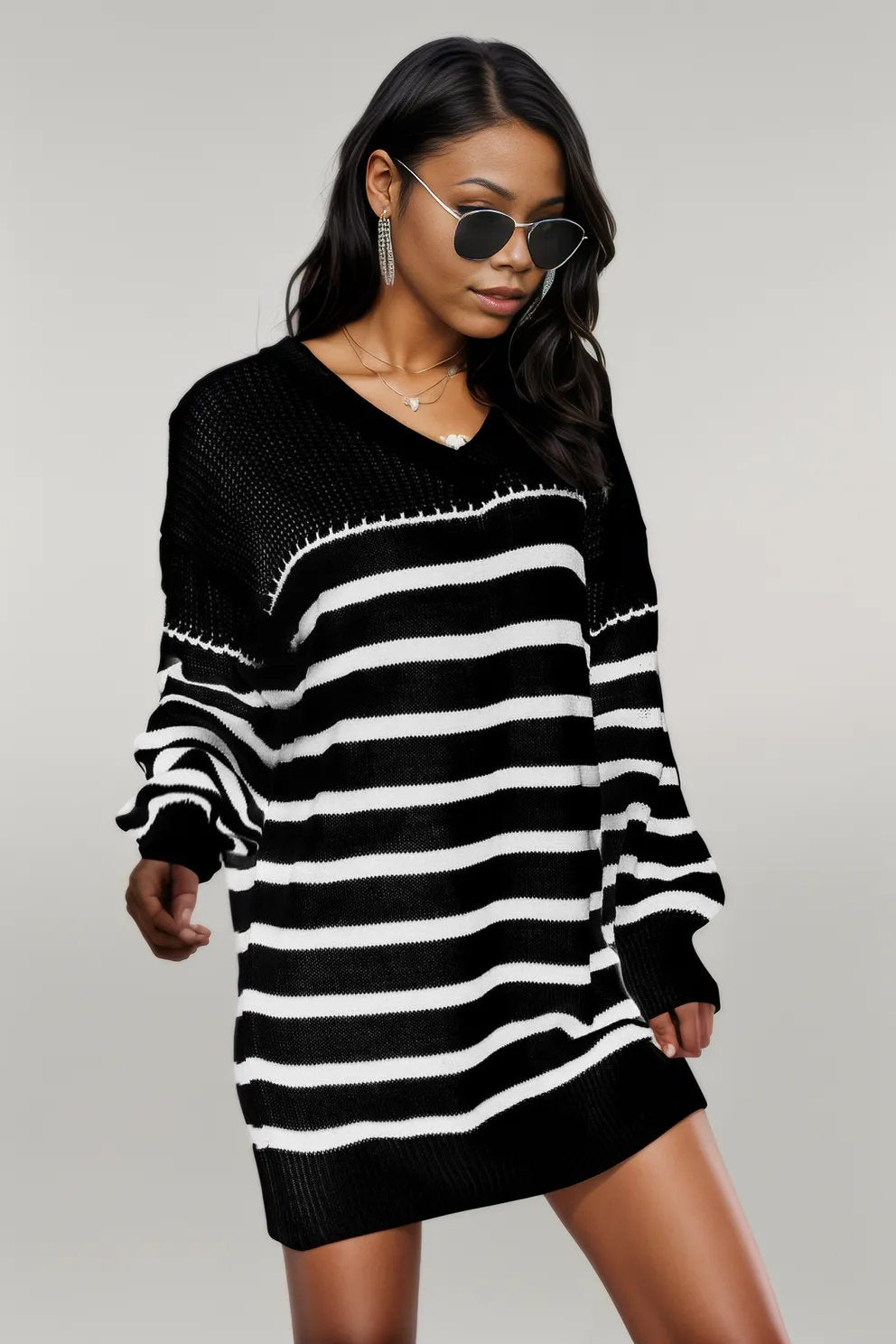 Striped V-Neck Drop Shoulder Sweater Dress