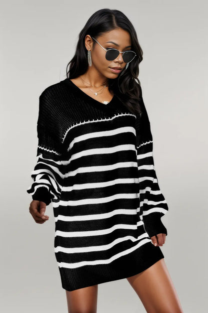 Striped V-Neck Drop Shoulder Sweater Dress