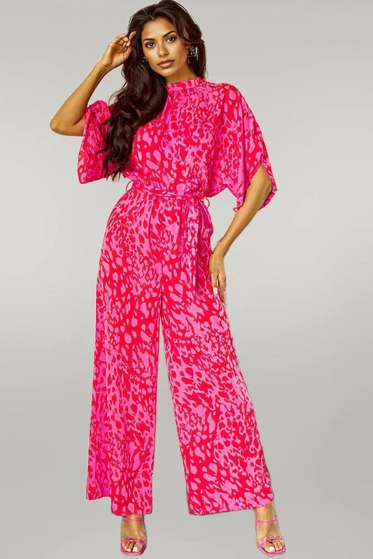 Rose Leopard Loose Sleeve Belted Wide Leg Jumpsuit Rose 100%Polyester