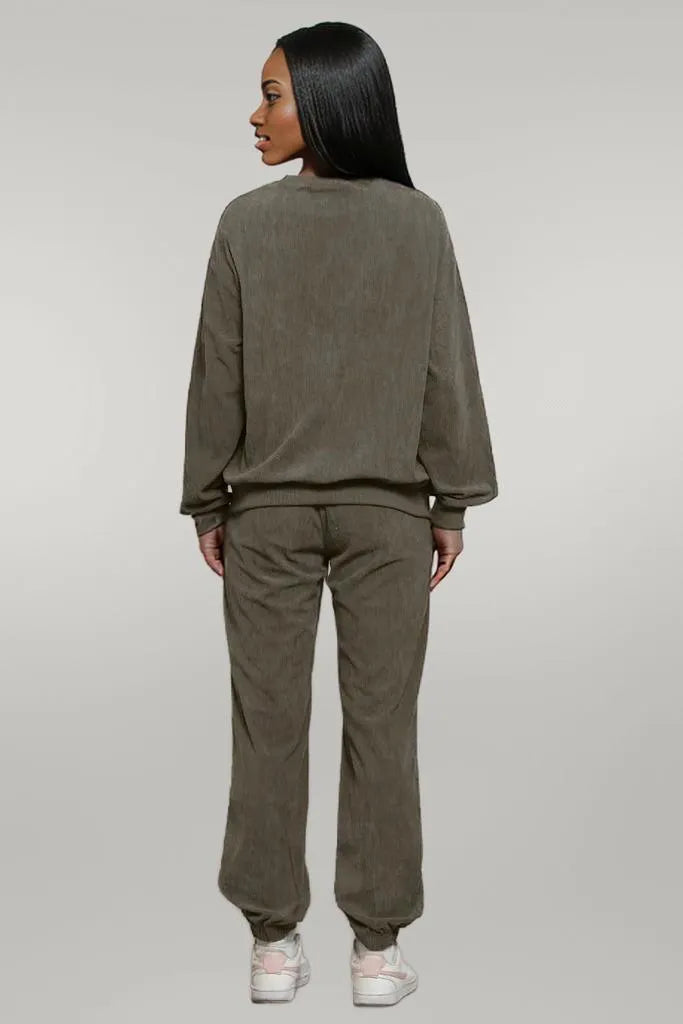 Corduroy Round Neck Sweatshirt and Sweatpants Set