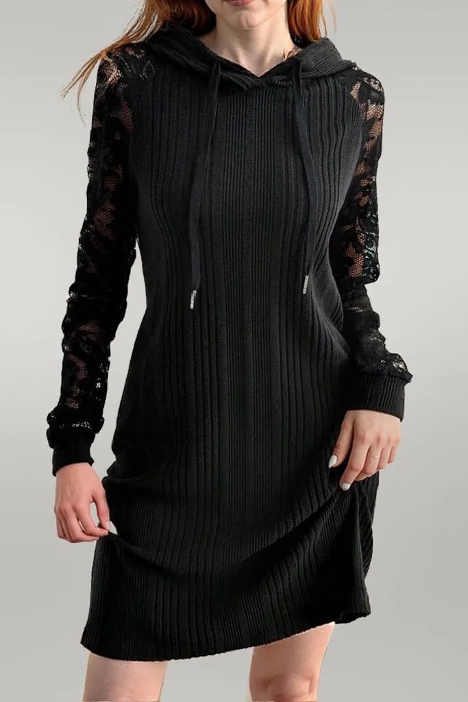 Lace Patchwork Long Sleeve Hooded Dress Black