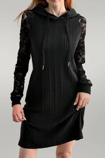 Lace Patchwork Long Sleeve Hooded Dress Black