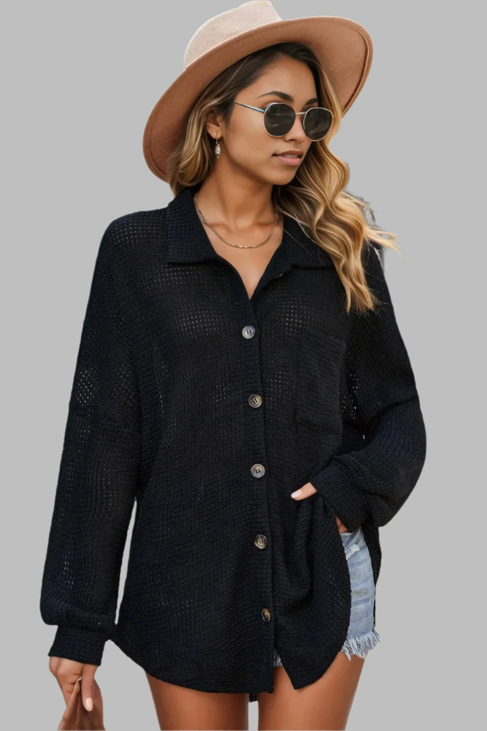 Waffle-Knit Collared Neck Dropped Shoulder Shirt Black