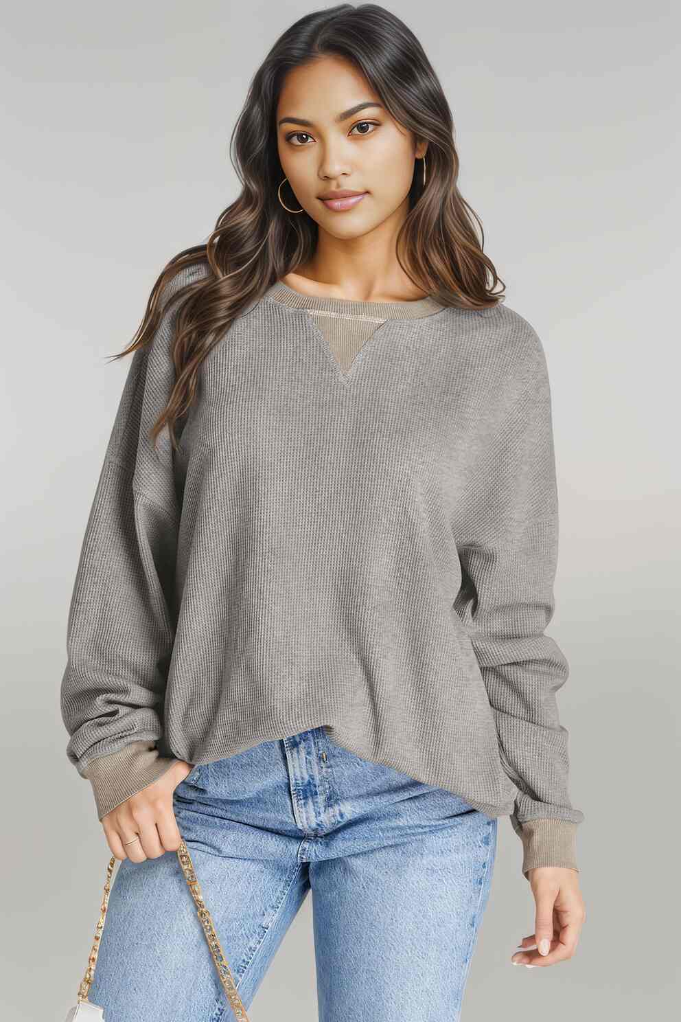 Waffle-Knit Long Sleeve Sweatshirt Gray