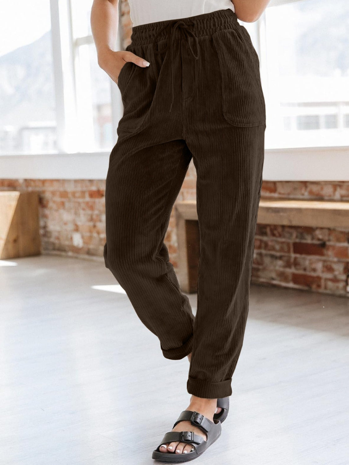 Drawstring Pants with Pockets Chocolate