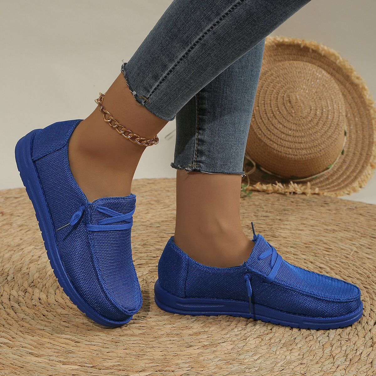 Lace Up Round Toe Slip-Ons Blue