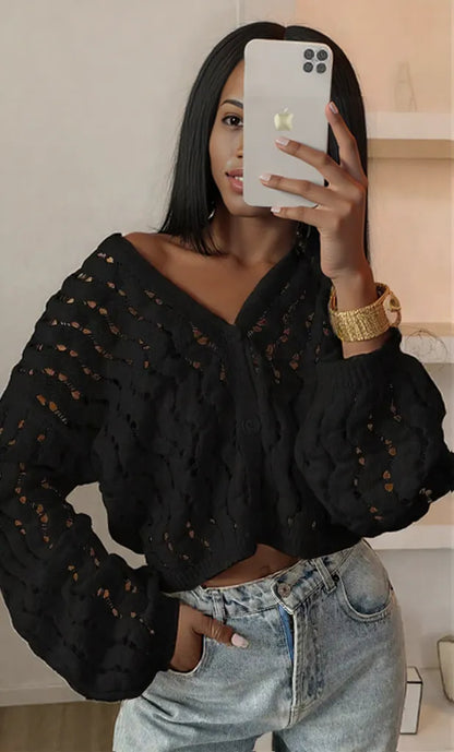 Openwork Button Up V-Neck Cardigan Black