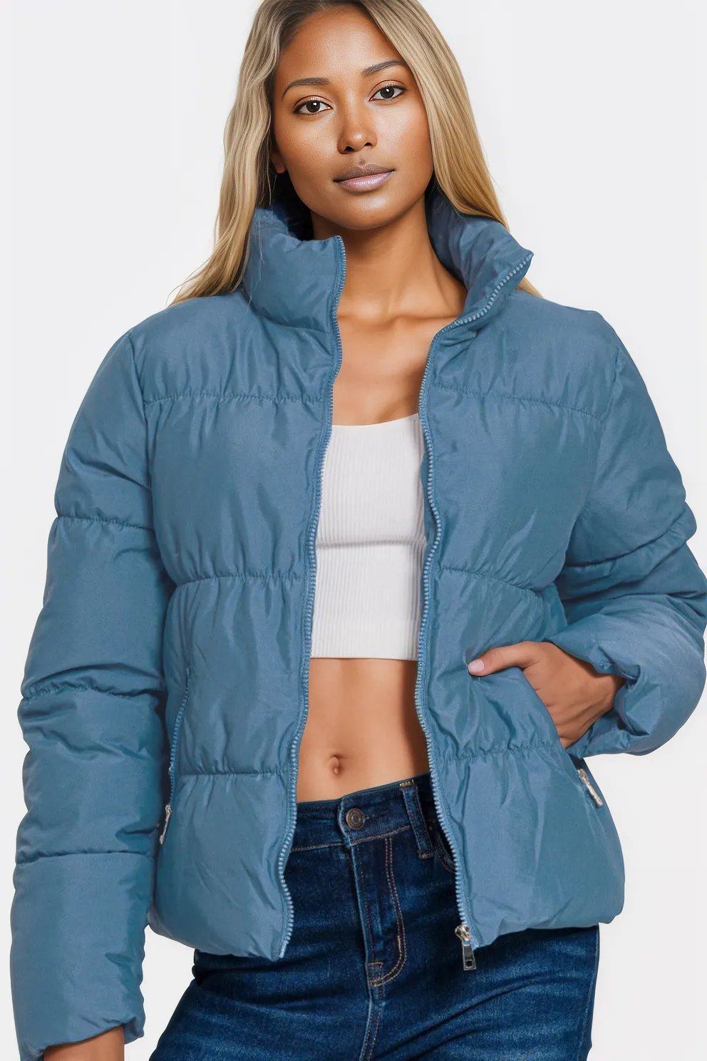 Zenana Zip Up Turtleneck Puffer Jacket with Pockets Dusty Blue