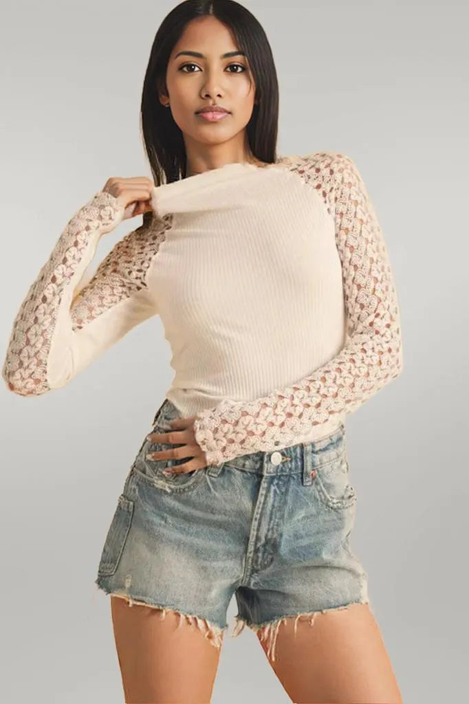 Aemi + Co Mock Neck Lace Long Sleeve Knit Top White