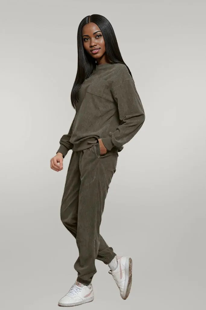 Corduroy Round Neck Sweatshirt and Sweatpants Set