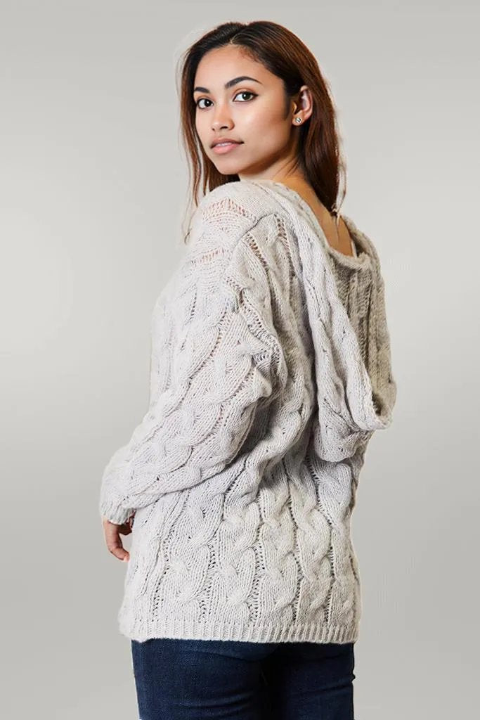 Woven Right Cable-Knit Hooded Sweater