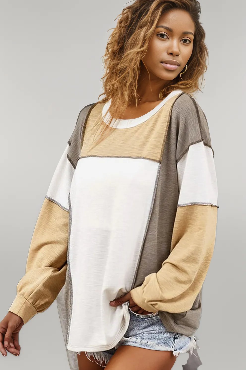 Khaki Exposed Seam Color Block Patchwork Top