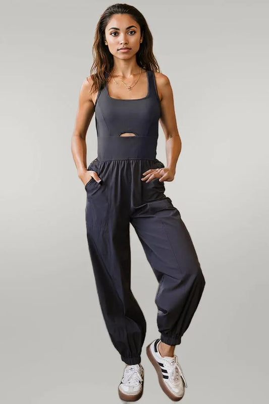 Carbon Grey Back Crossed Straps Hollow Out Jogger Jumpsuit Carbon Grey 75%Polyamide+25%Elastane