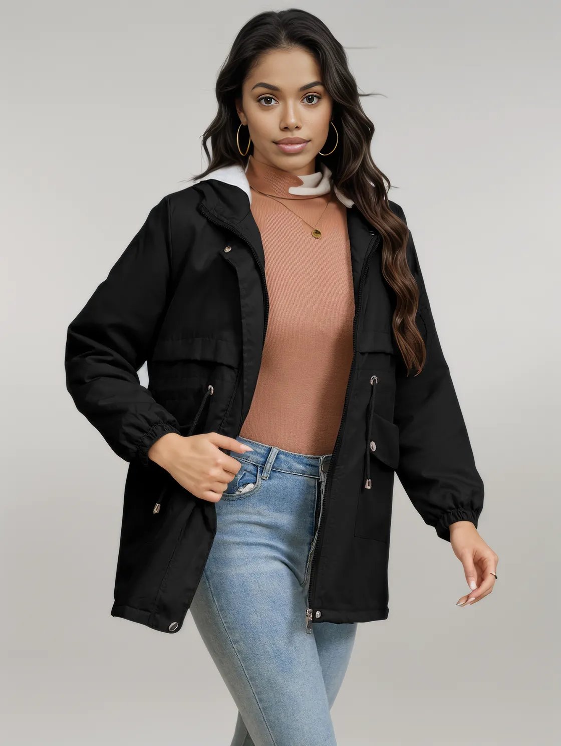 Drawstring Long Sleeve Hooded Jacket