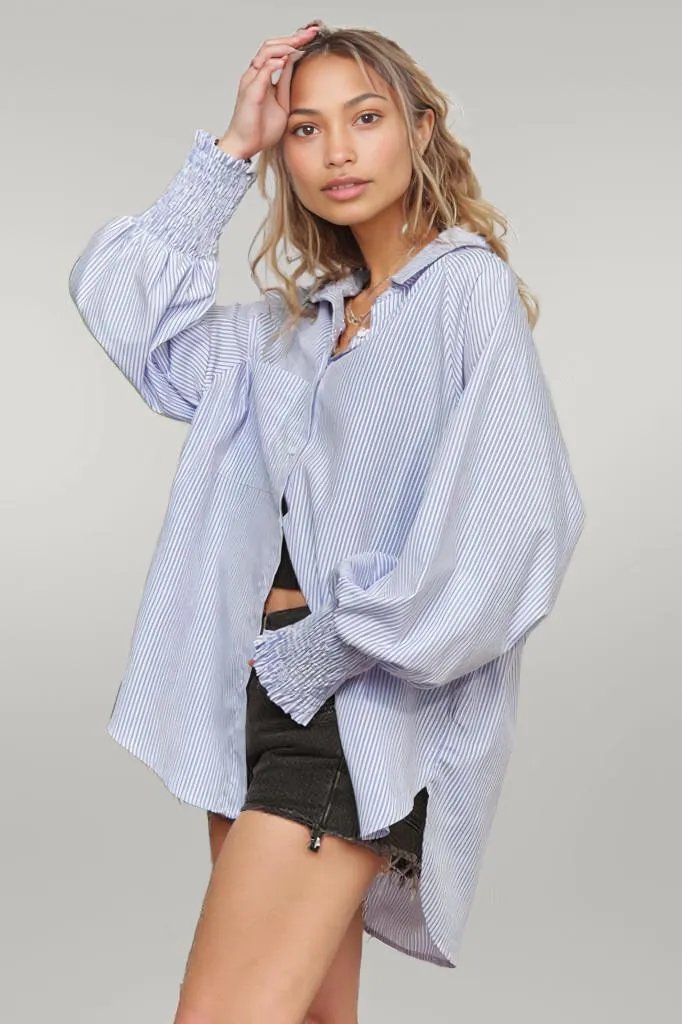 ADORA High-Low Striped Button Down Smocked Lantern Sleeve Shirt