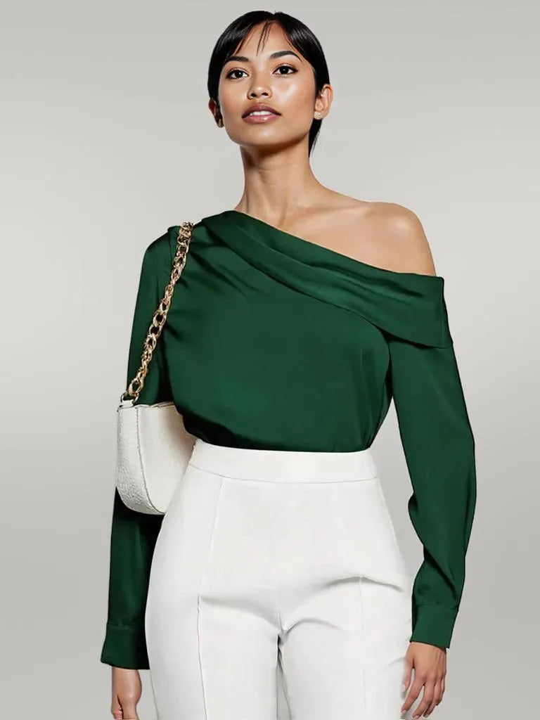 Ruched One Shoulder Long Sleeve Top Dark Green