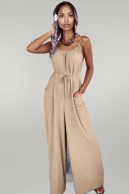 Apricot Spaghetti Straps Waist Tie Wide Leg Jumpsuit with Pockets