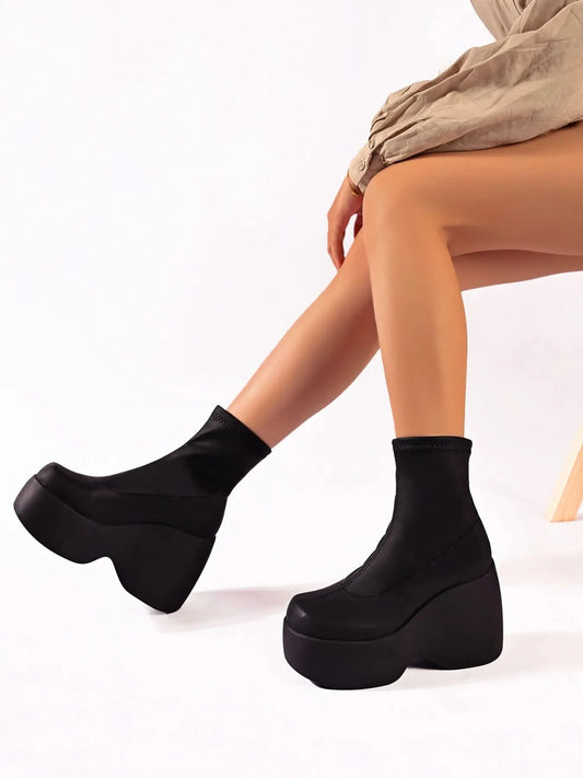 Chunky Platform Wedge Boots Black