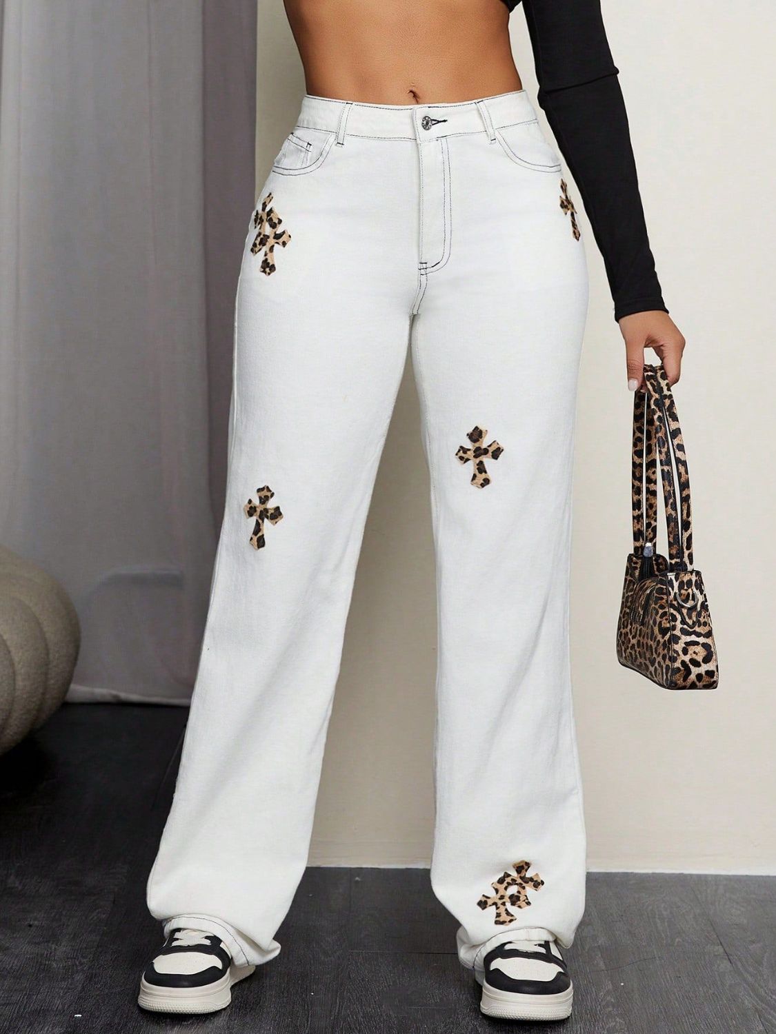 Leopard Cross Detail Straight Leg Jeans White