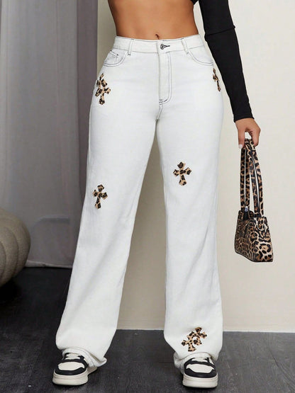 Leopard Cross Detail Straight Leg Jeans White