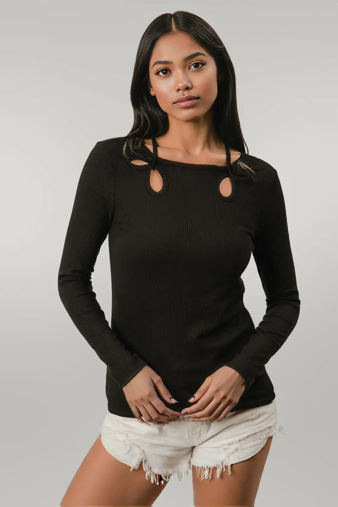 BiBi Rib Knit With Cut Out and Tied Neck Detailed Top