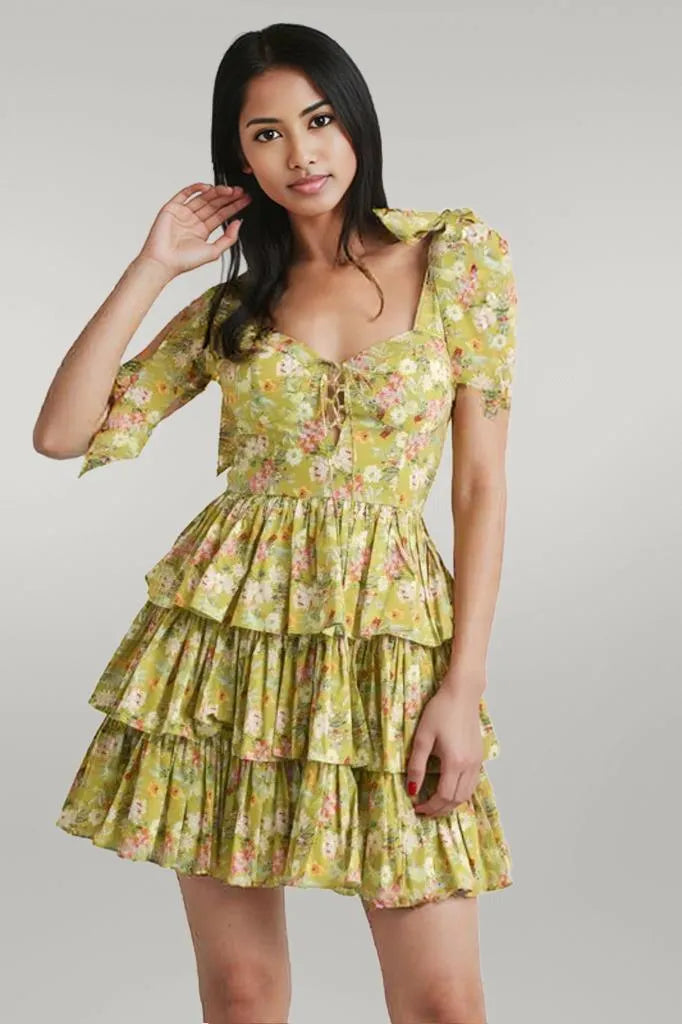 MABLE Floral Print Shoulder Tie Layered Mini Dress