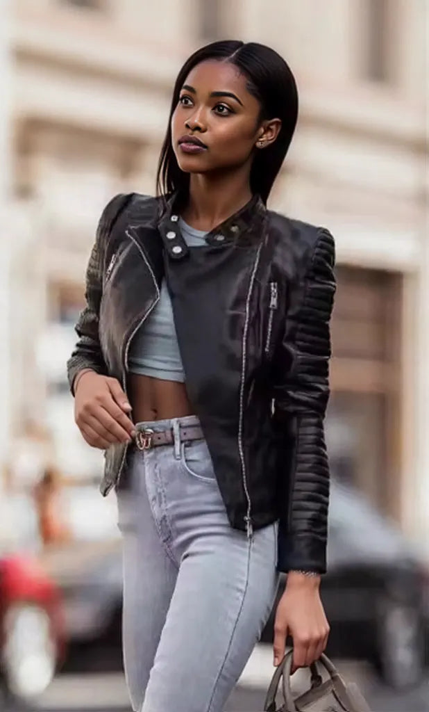 Quilted Sleeve Leather Moto Jacket