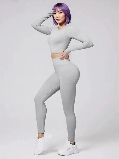Back Crisscross Round Neck Long Sleeve Top and Leggings Active Set