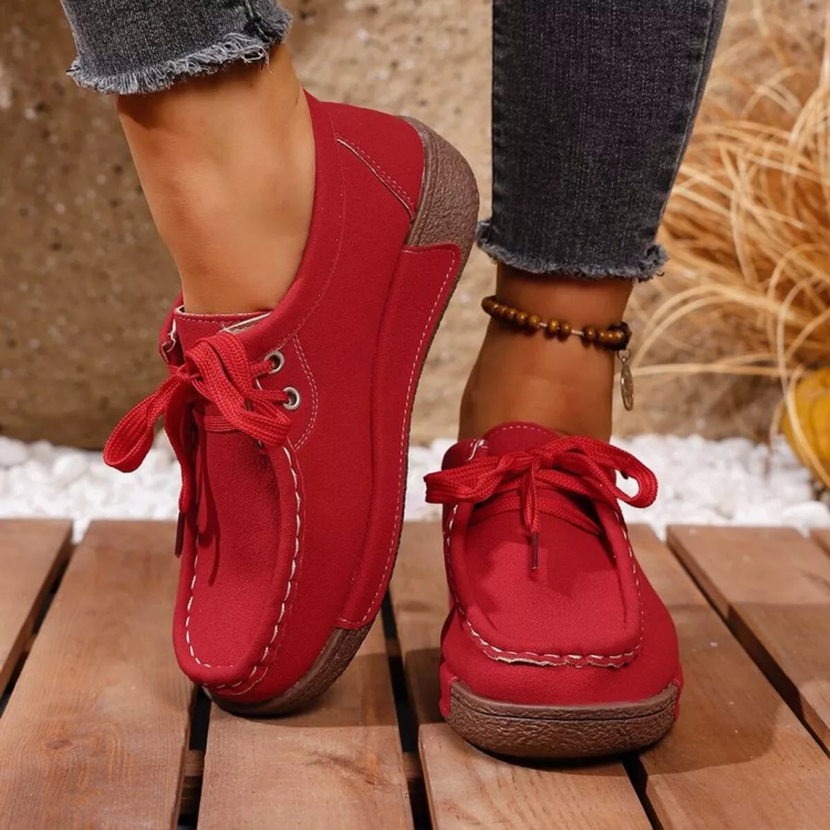 Round Toe Lace Up Sneakers Red