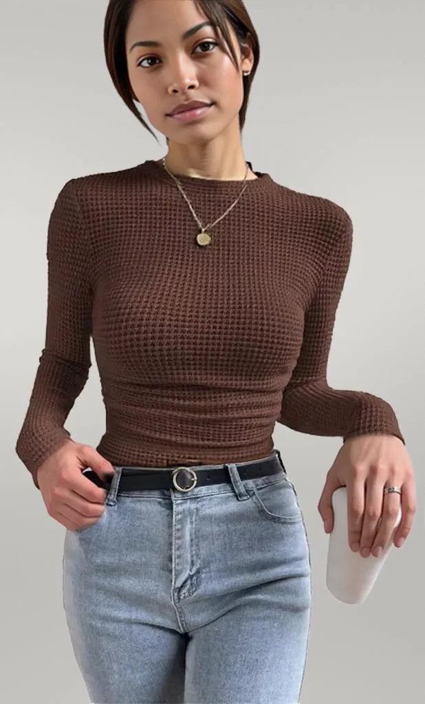Waffle Knit Long Sleeve T-Shirt Brown
