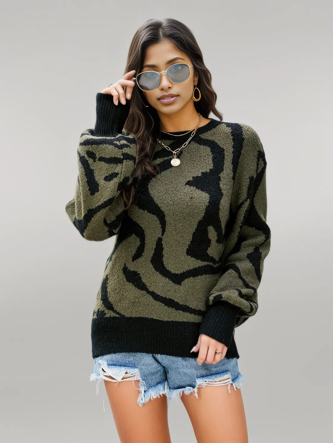 Printed Round Neck Long Sleeve Sweater Army Green