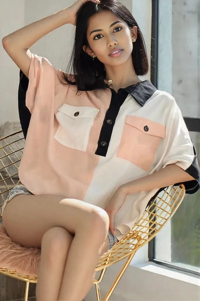 BiBi Color Block Quarter Neck Short Dolan Sleeve Top