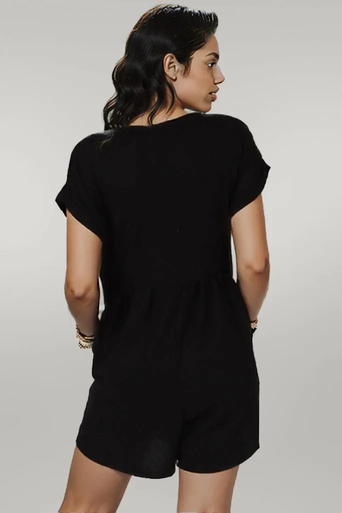 Pocketed V-Neck Short Sleeve Romper