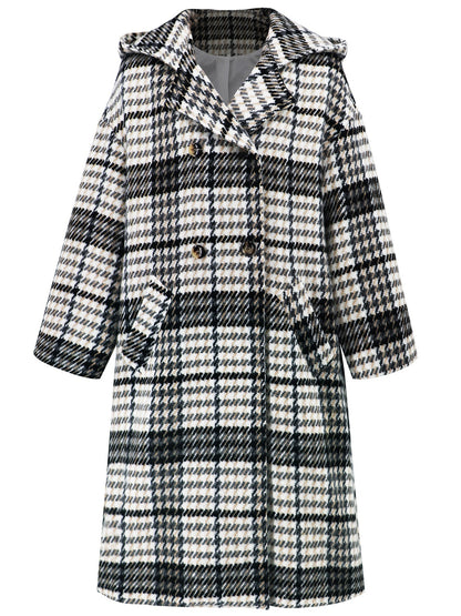 Plaid Double - Breasted Long Sleeve Longline Coat - coat - Trendsi