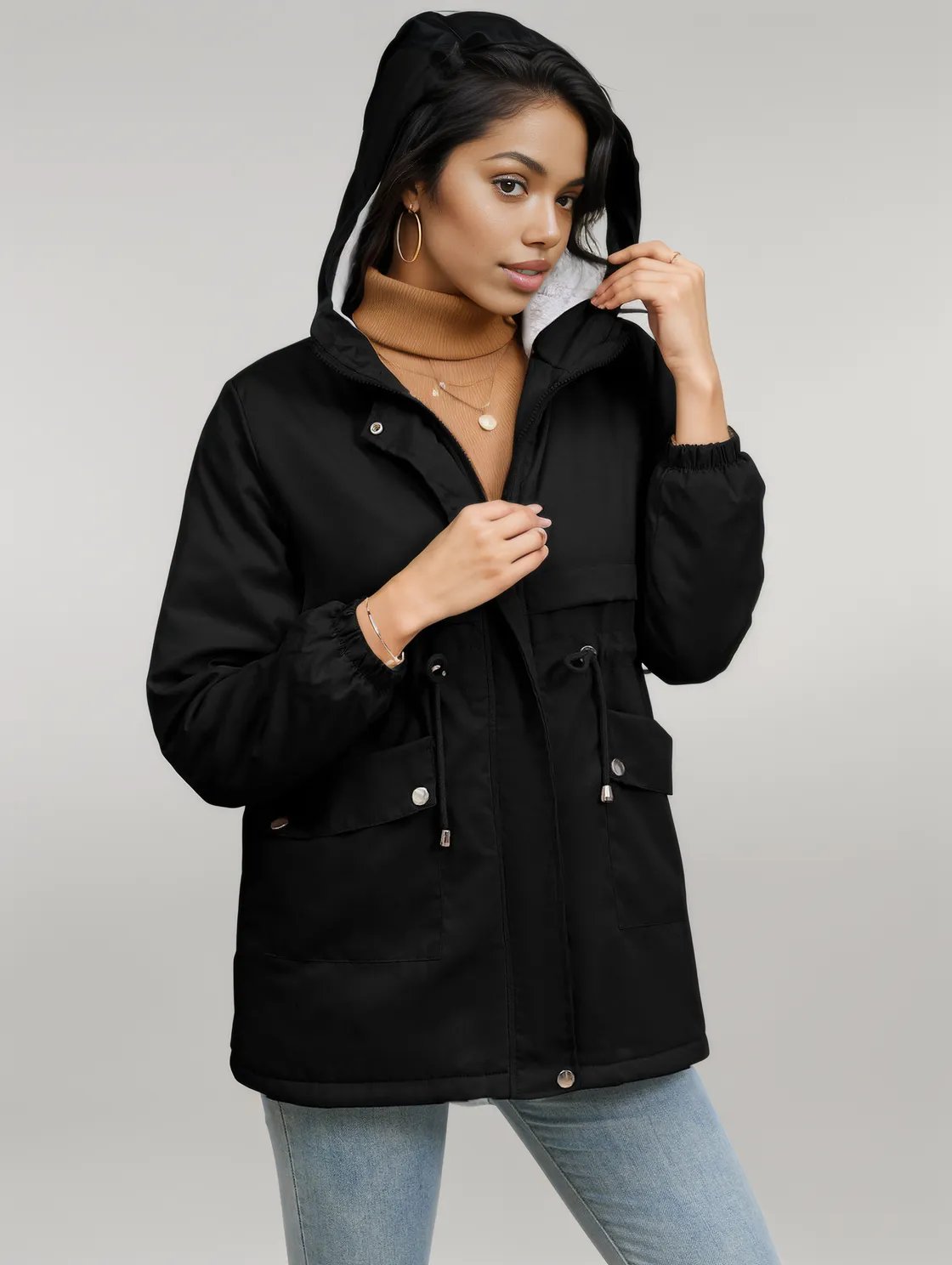 Drawstring Long Sleeve Hooded Jacket