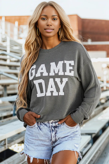 GAME DAY Striped Round Neck Long Sleeve Top - Tops/Sweatshirts & Hoodies - Trendsi - Gray - XL - 100100474204666