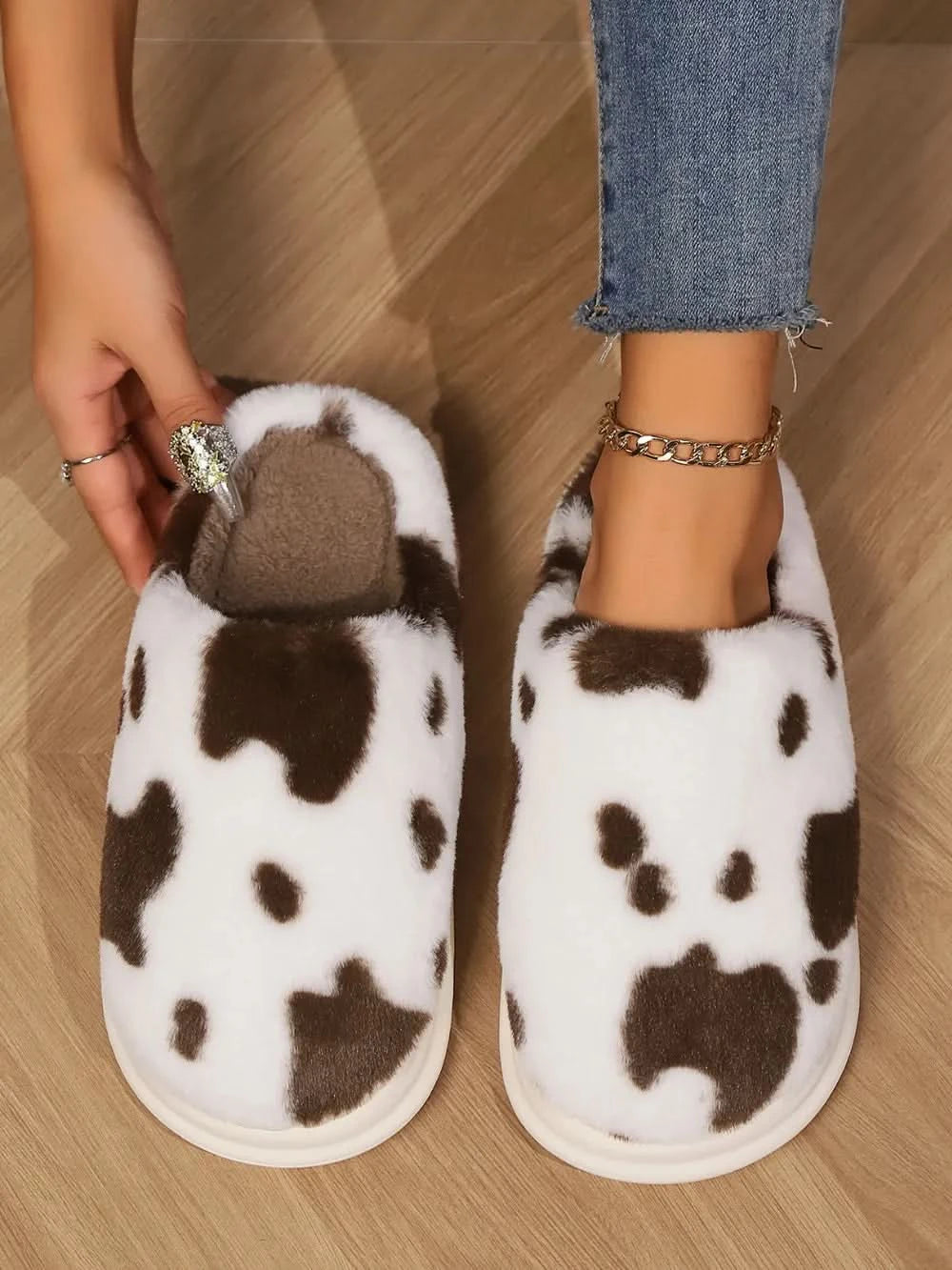 Animal Print Faux Fur Slippers Coffee Brown