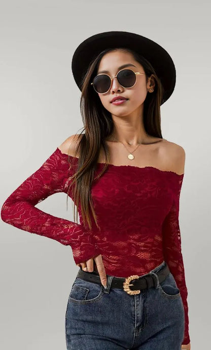 Off-Shoulder Long Sleeve Lace Top