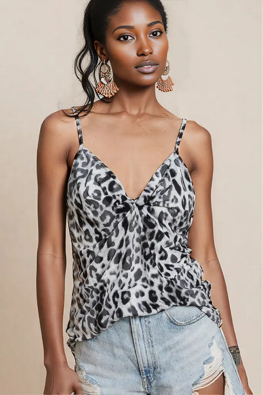 BiBi Leopard Printed Gauze Knit Twist Front Detailed Cami