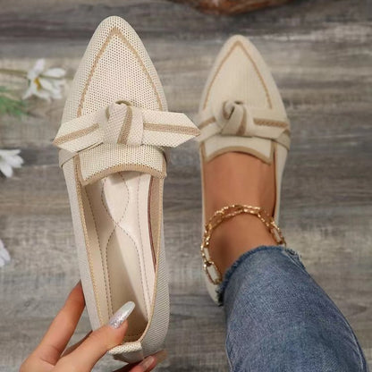 Bow Contrast Trim Point Toe Loafers - Shoes & Bags/Women's Shoes - Trendsi - Ivory - 43(US11) - 100600967783255