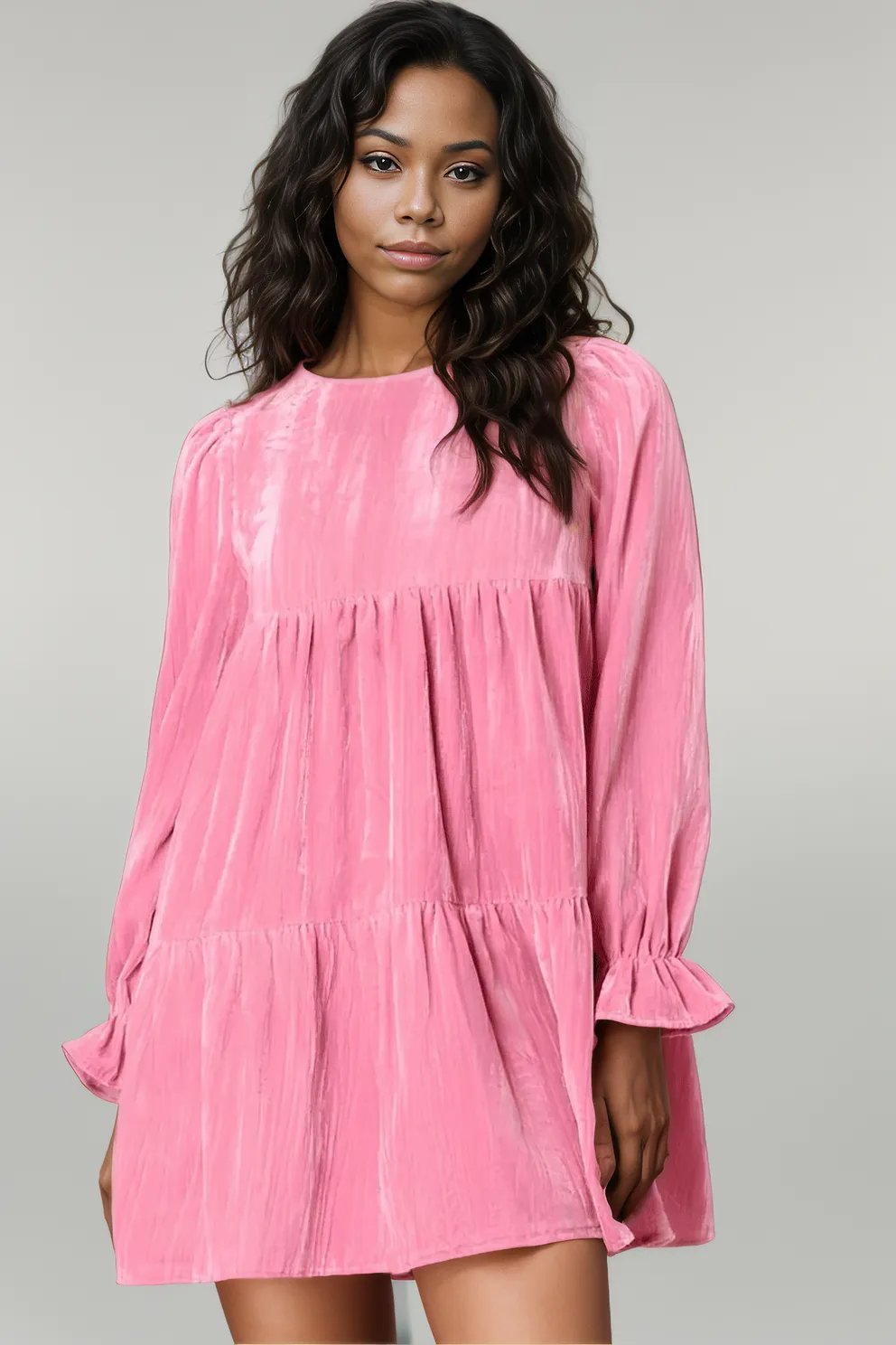 Tied Round Neck Flounce Sleeve Mini Dress - Dresses/Mini Dresses - Trendsi - Pink - XL - 100100930334057