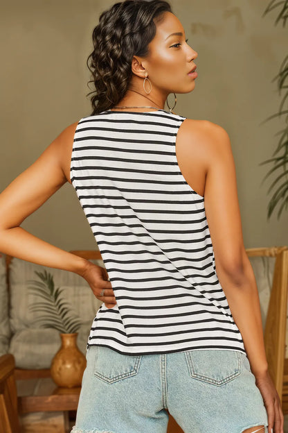 Buttoned Striped Wide Strap Tank