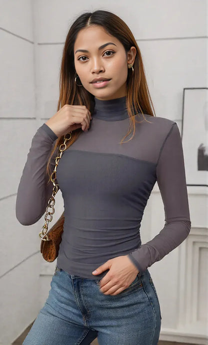 Mock Neck Long Sleeve Top Gray Blue