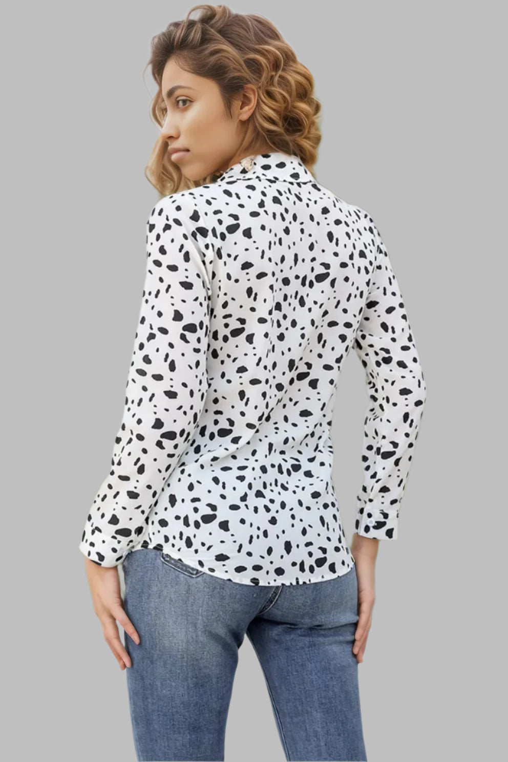 Animal Print Curved Hem Button-Up Shirt White