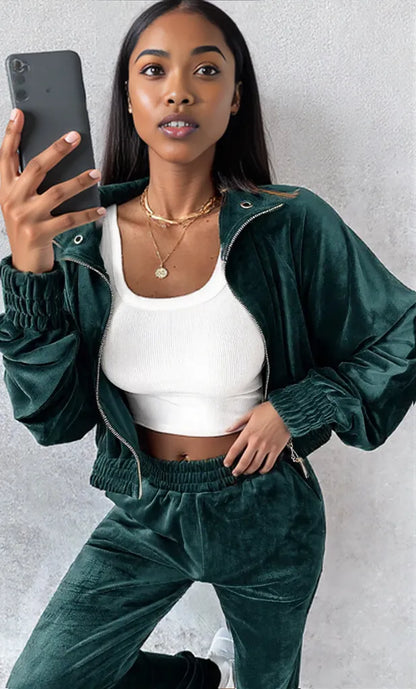 Zip Up Long Sleeve Cropped Top and Joggers Set