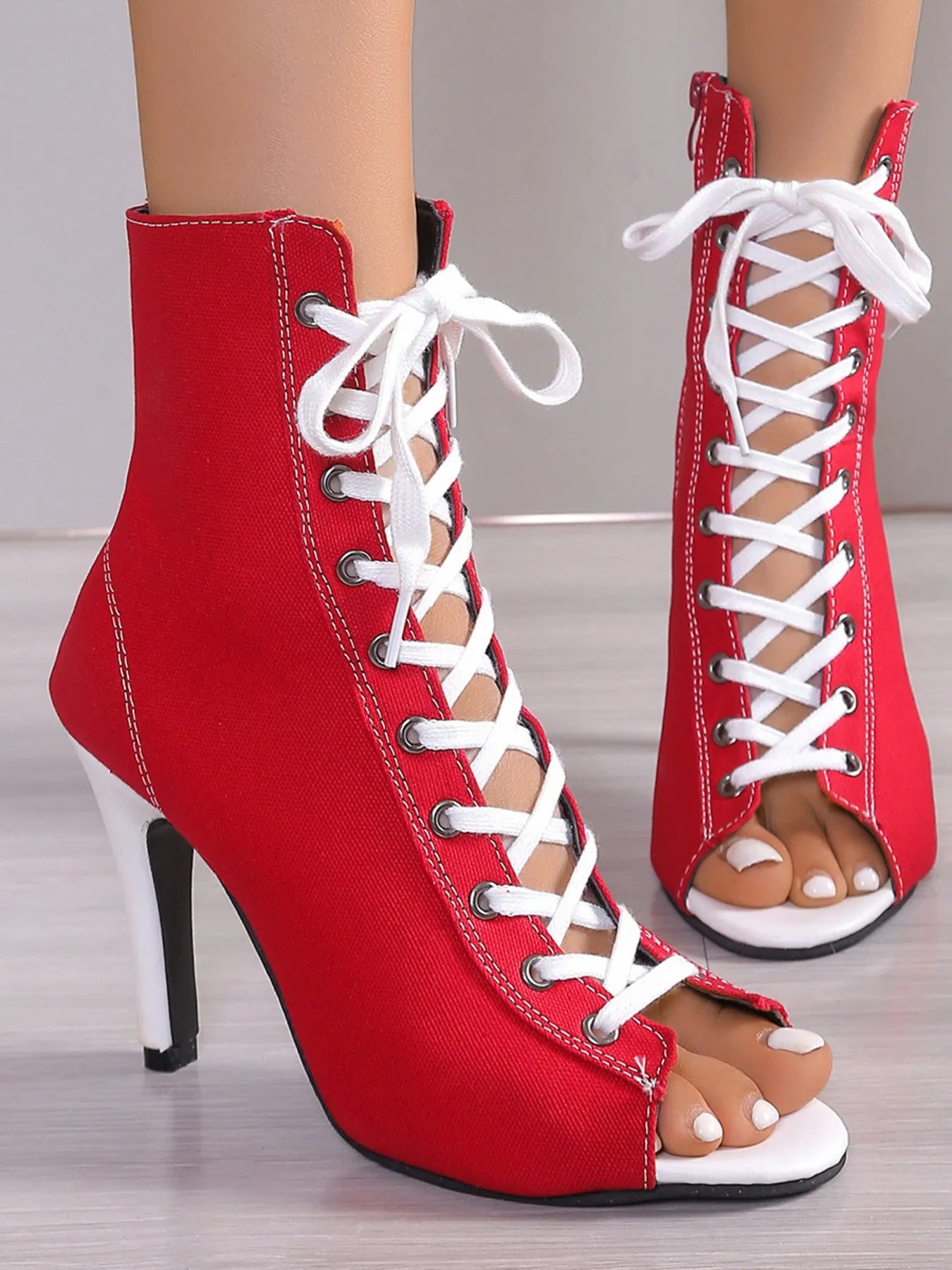 Canvas Lace-Up Peep Toe Stiletto Ankle Boots Red
