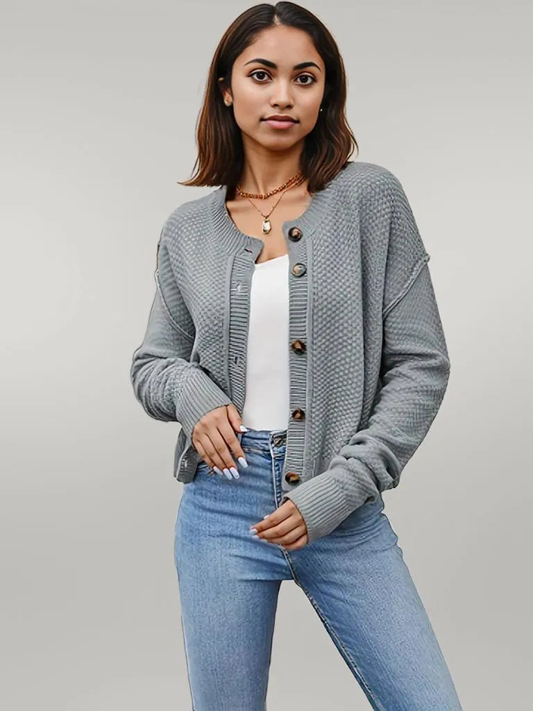 Button Up Dropped Shoulder Cardigan