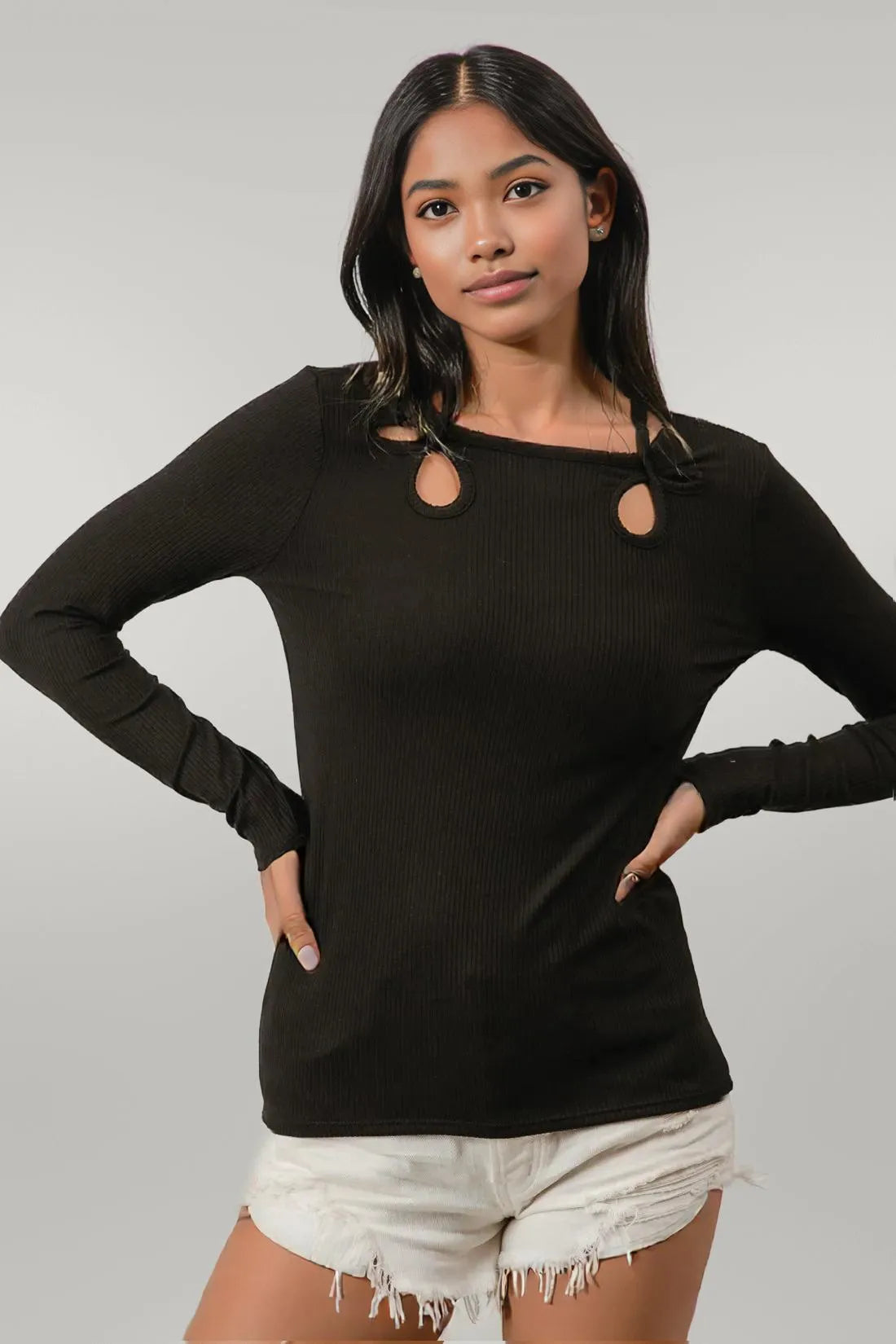 BiBi Rib Knit With Cut Out and Tied Neck Detailed Top