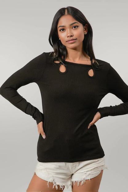 BiBi Rib Knit With Cut Out and Tied Neck Detailed Top